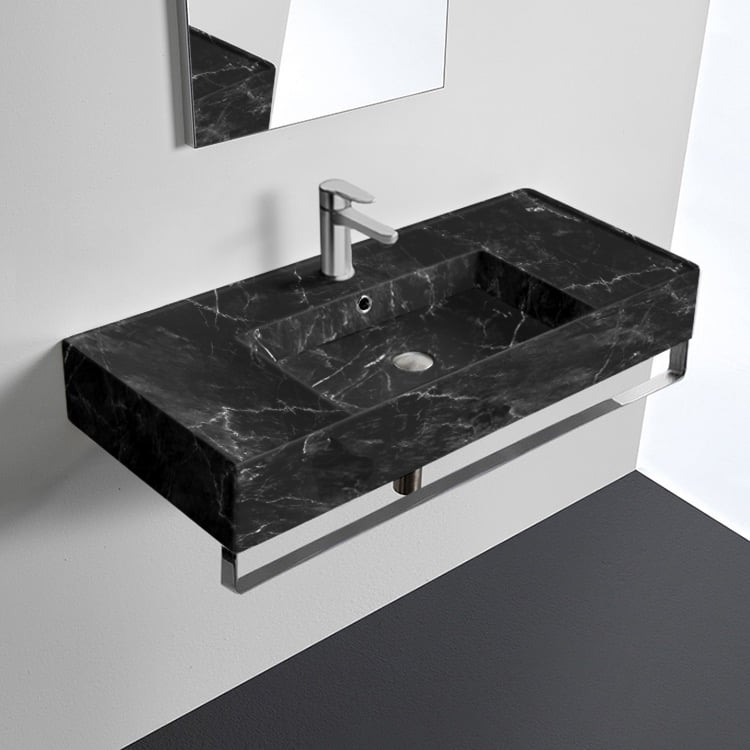 Scarabeo 5124-G-TB Black Marble Design Wall Mounted Sink With Matte Black Towel Bar